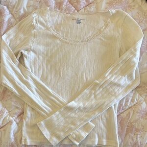 Brandy Melville White Long Sleeve Pointelle Top with Lace Trim